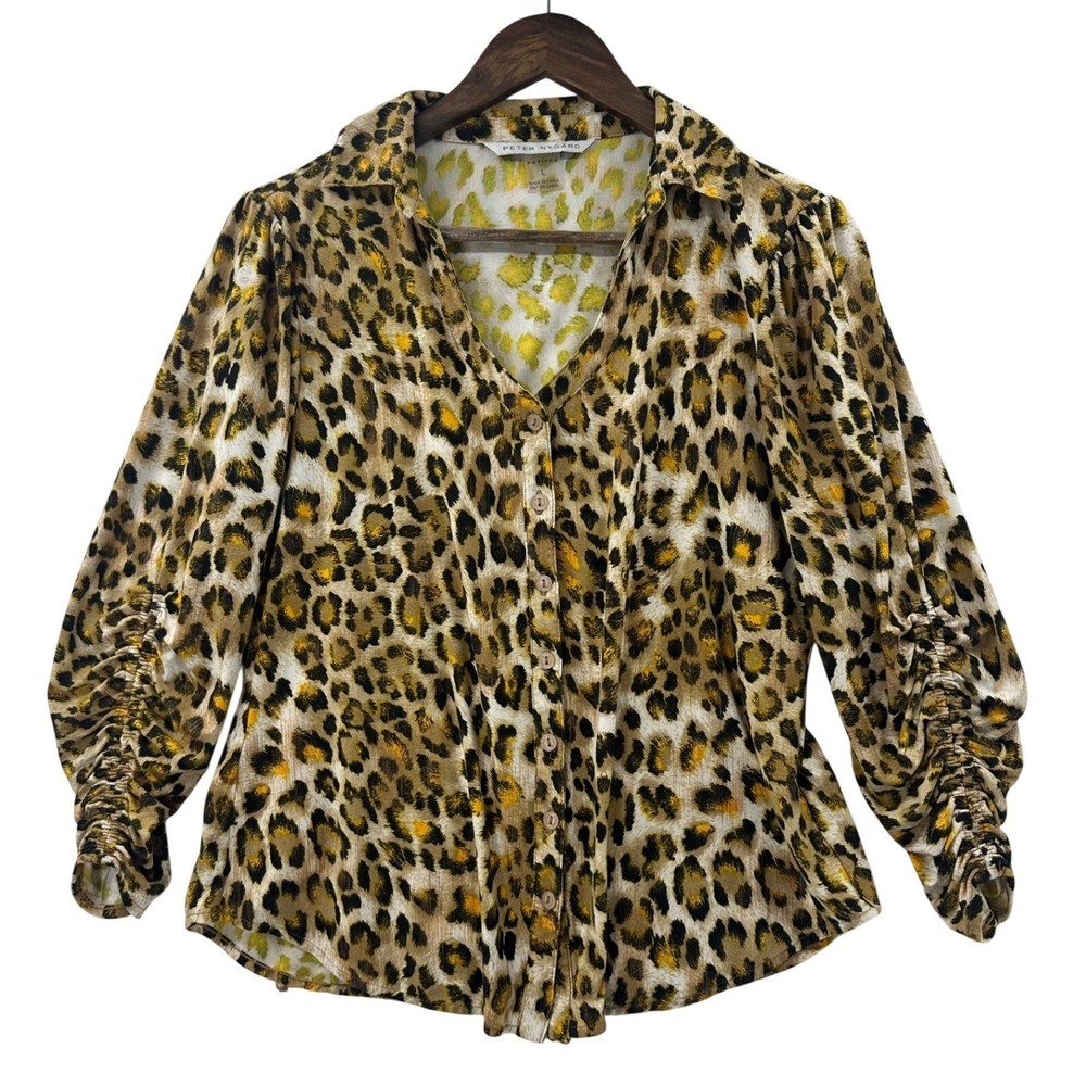 Peter Nygard Blouse Womens Large Petites Leopard Print Excellent Ruched Sleeve